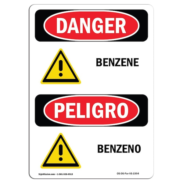 Safety Sign, OSHA Danger, 5" Height, Benzeno, Bilingual Spanish, 10PK